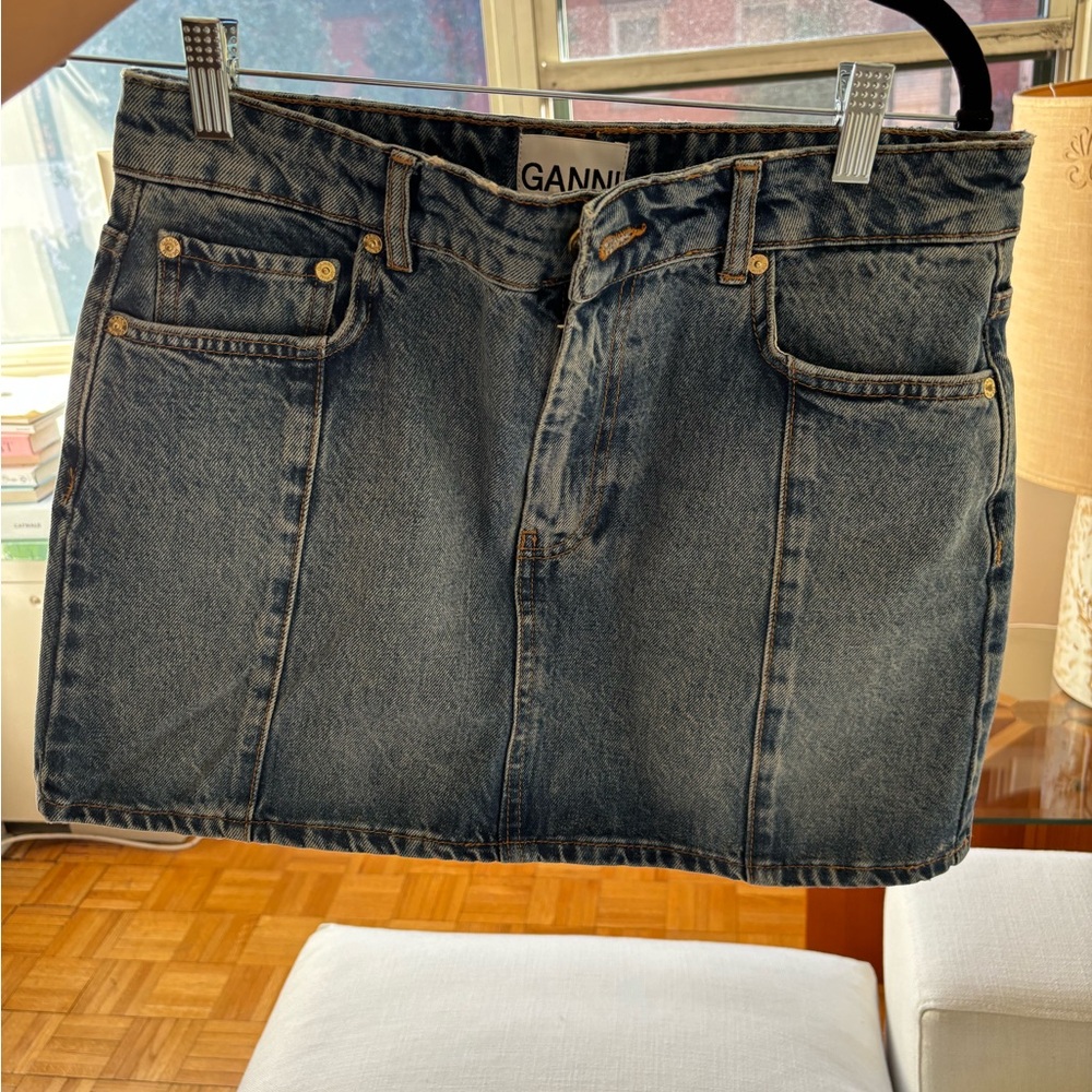 Ganni Blue Denim Skirt with Pockets rhinestone logo - never worn